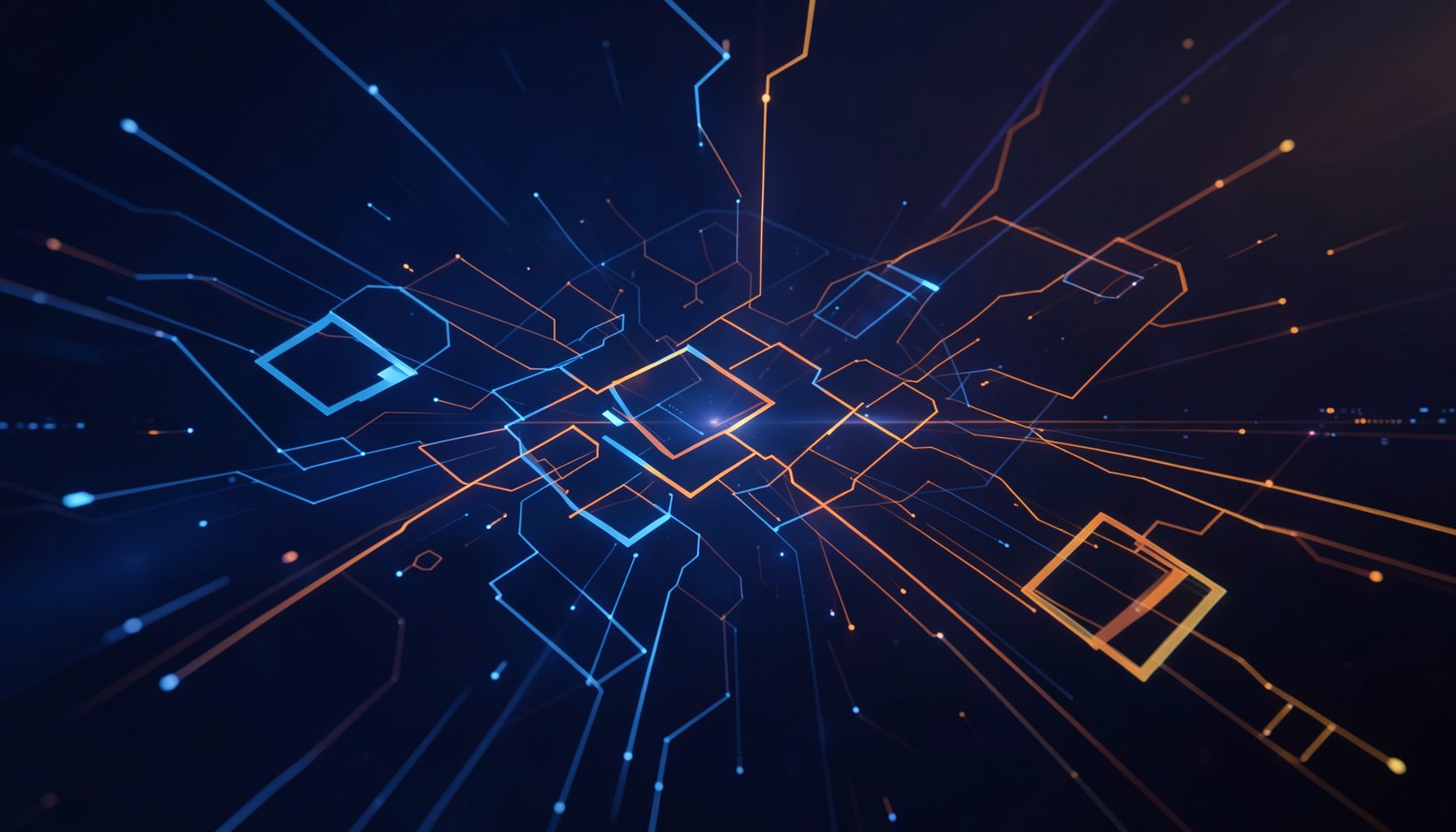 Koyu mavi ve turuncu tonlarında soyut dijital veri akışı, blockchain düğümlerini ve haber akışını çağrıştıran modern bir teknoloji atmosferi.